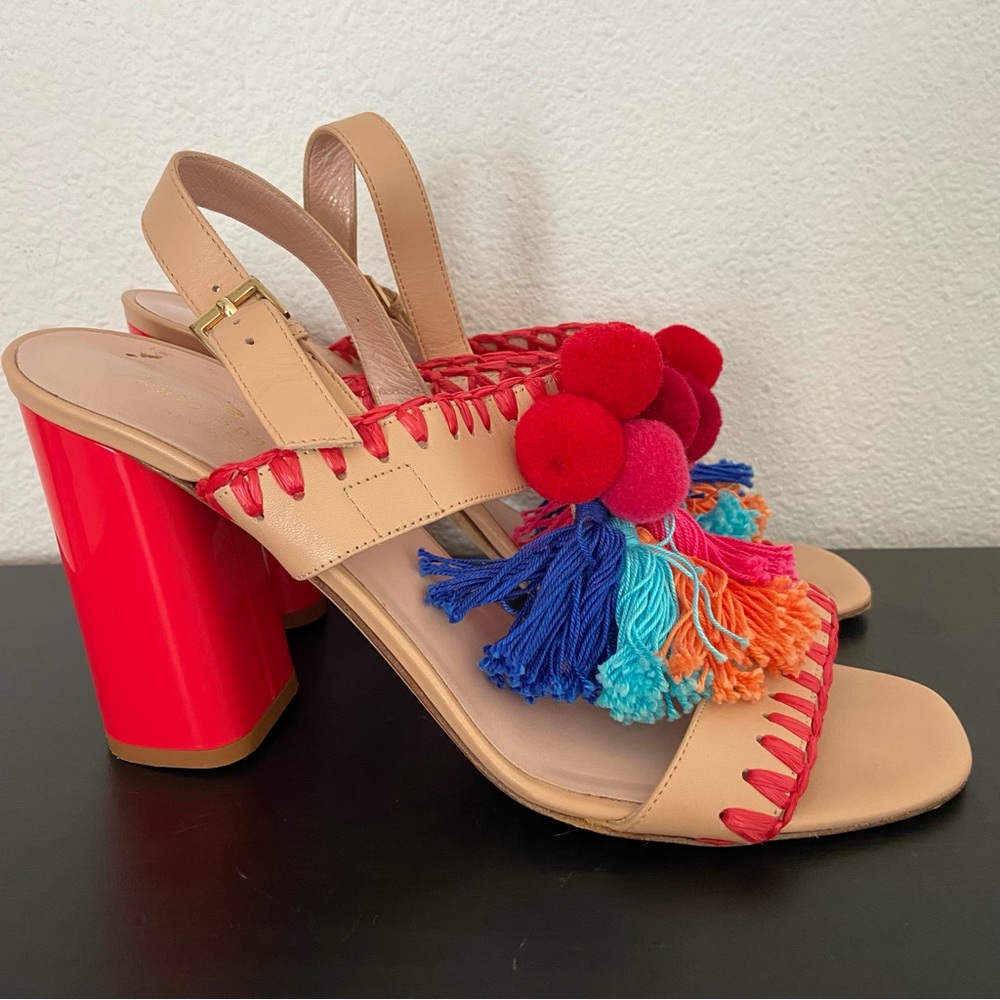 EUC Kate Spade Central Too Tassel Pom Pom Leather Sandals Block Heel
